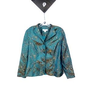 Coldwater Creek Women's Long Sleeve Blue Paisley Beautiful Metal Blazer Size LP